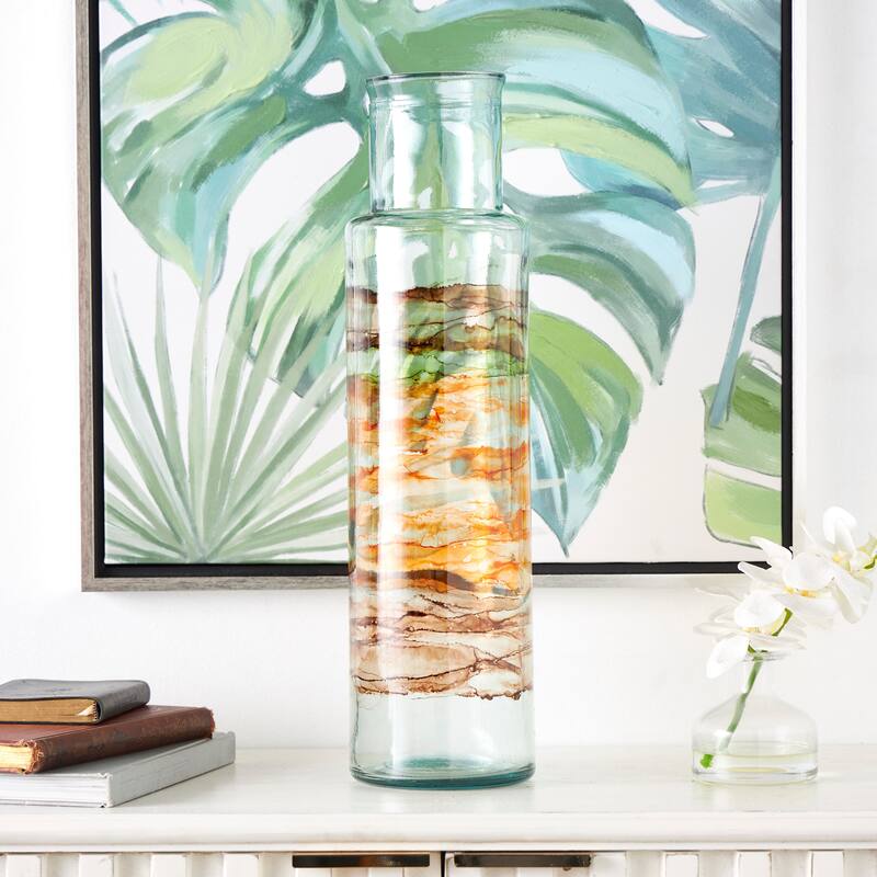 Clear Recycled Glass Abstract Vase with Swirled Colored Glass Bands - Clear - 6"W, 22"H
