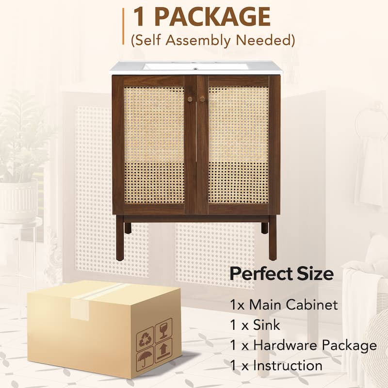 30" Handwoven Bamboo Door Bathroom Vanity with Soft-Close MDF Cabinet