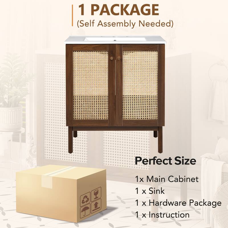 30-Inch Bathroom Vanity with Handwoven Bamboo Doors, MDF Cabinet & Soft-Close Design