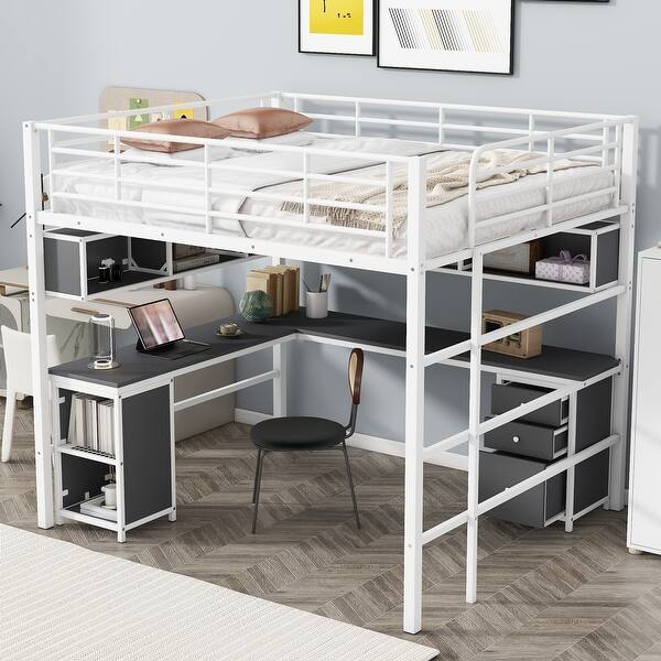 slide 2 of 26, Full Metal Loft Kids Bed Frame with Bookcase & Desk, Durable Design, White White