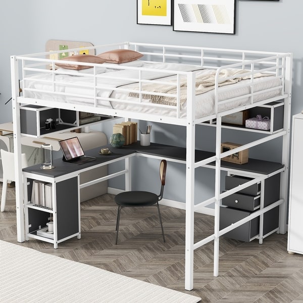 slide 2 of 14, Full Size Metal Loft Bed with Bookcase, Desk, and Cabinet, White