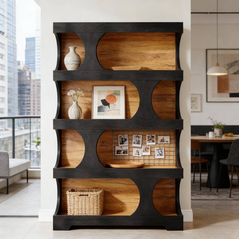 S-Shaped Bookshelf, Contemporary Freestanding Bookcase with Generous Display Space - Black