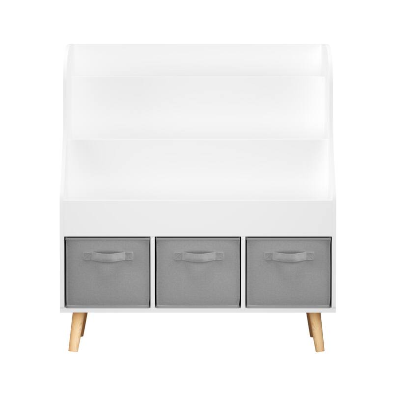 Anmytek 3 Tier Kids Bookcase with Toy Storage Drawers Slanted Display Shelves Pine Wood White for Nursery Playroom