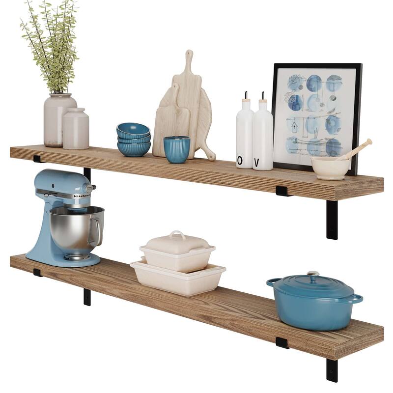 Wallniture Menton 60" x 9.25" Rustic Shelves for Wall Decor, Floating Book Shelves, Wall Mounted, Living Room Decor, Burnt, 2 Pc