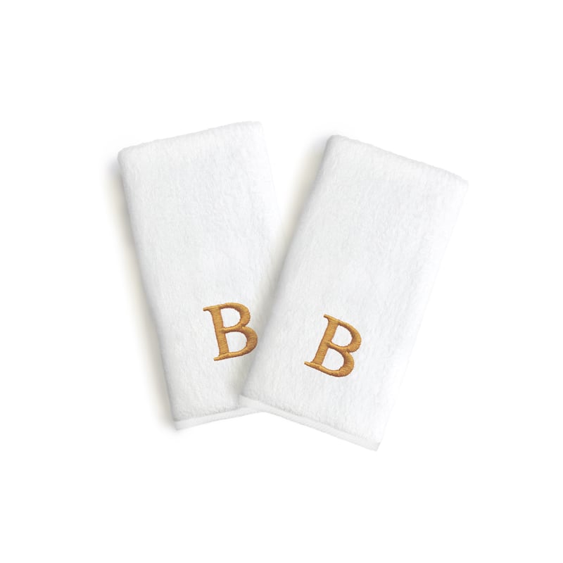 Authentic Hotel and Spa 2-piece White Turkish Cotton Hand Towels with Gold Block Monogrammed Initial - White/B