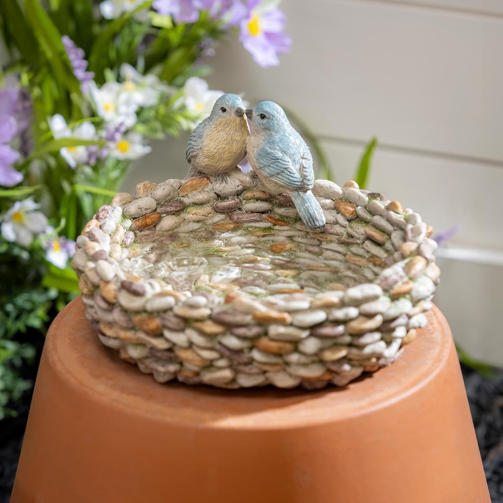 9" Resin Pebble Bird Bath With Birds