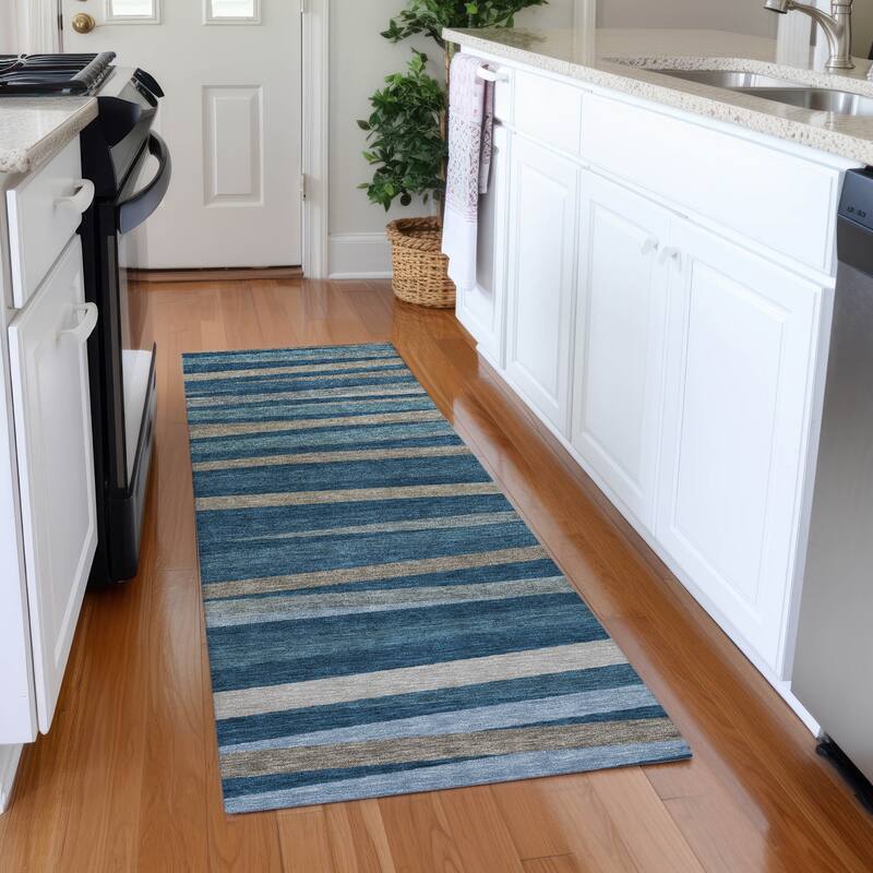 Machine Washable Indoor/ Outdoor Modern Stripes Chantille Rug - Denim - 2'3" x 7'6"