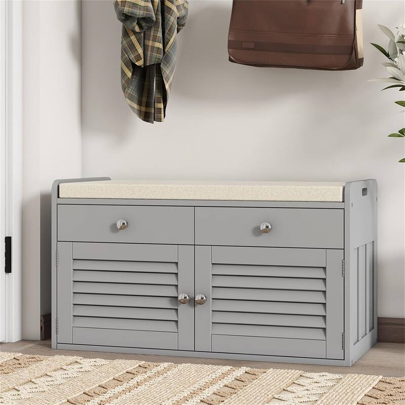 Shoe Storage Bench with 2 Drawers & 2 Door Cabinet - 15.75"D x 32.28"W x 18.11"H - Grey