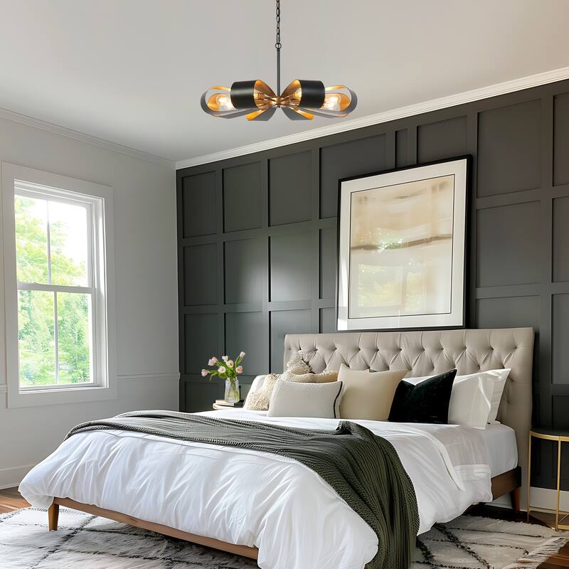 Modern Industrial 8-Light Chandelier Black Gold Floral Pendant Light for Living Room and Dining Room - 32.6 " × 15.8 "