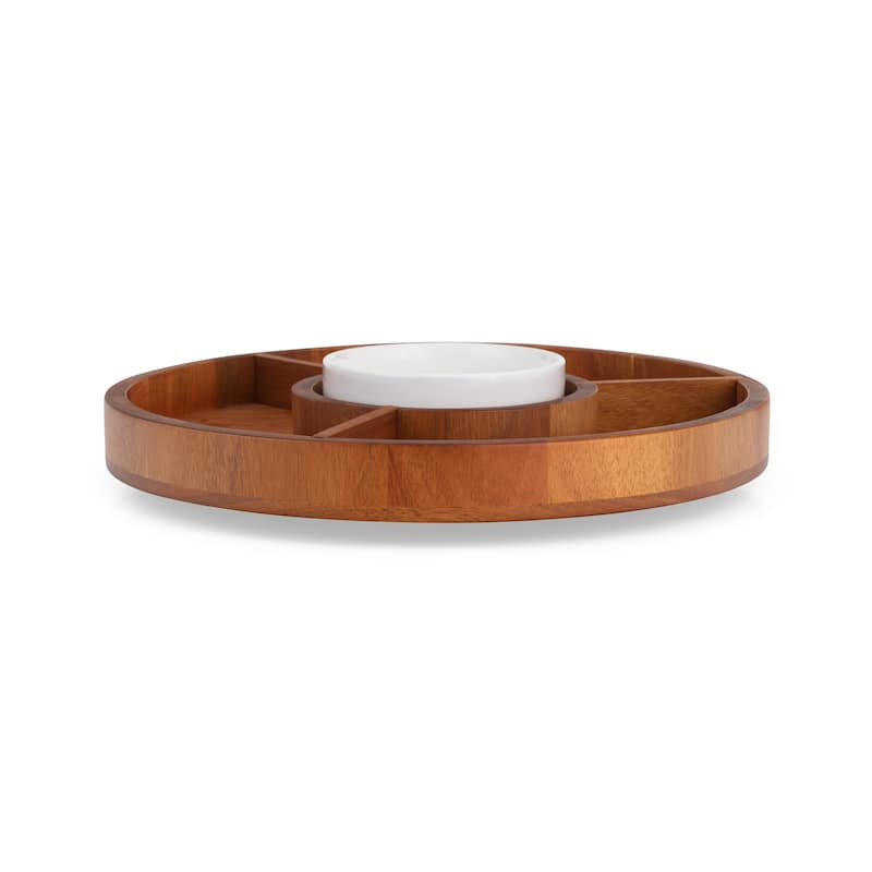 Nambe Duets Lazy Susan Crudite Tray and Bowl - Tray: 14" D x 1.5" H; Bowl: 6" D x 2" H