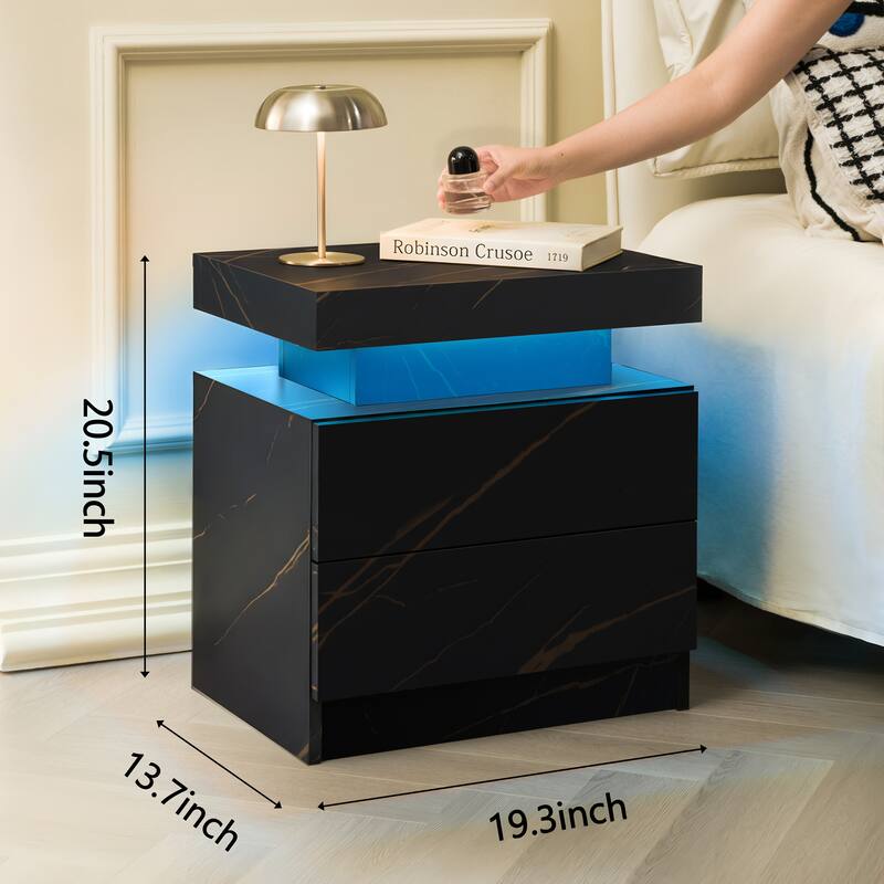 GDF Studio - Avalon Modern LED Nightstand with Dual Drawers and Open Storage Shelf