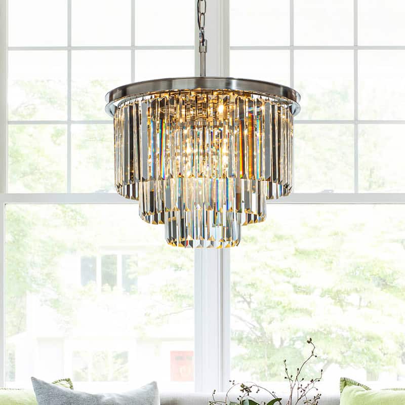 6-Lights Mid-Century Modern 3-Tier Round Fringe Crystal Chandelier