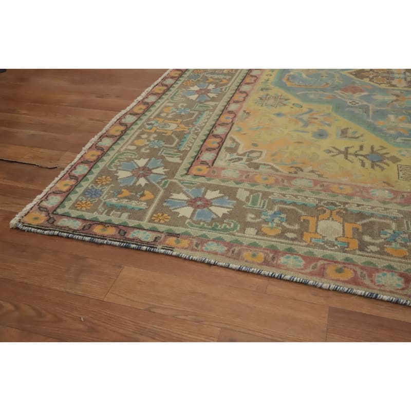 Hand Knotted Oriental 100% Wool Carpet Traditional Floral Navy Blue & Blues Tabriz Area Rug - 9' 6'' X 6' 3''