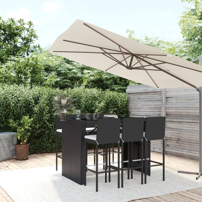 vidaXL 5 Piece Patio Bar Set with Cushions Black Poly Rattan - 15.7" x 17.3" x 42.5"