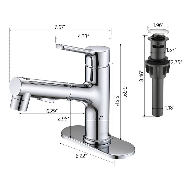Bathroom Sink Faucet with Pull Out Sprayer, Single Handle Modern Bathroom Basin Faucet with Pop-up Sink Drain Stopper