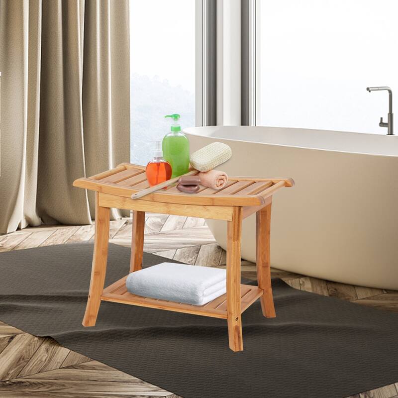 Kinsunny Bamboo Spa Bench, Shower Bench with Shelf and Handle, Bathroom