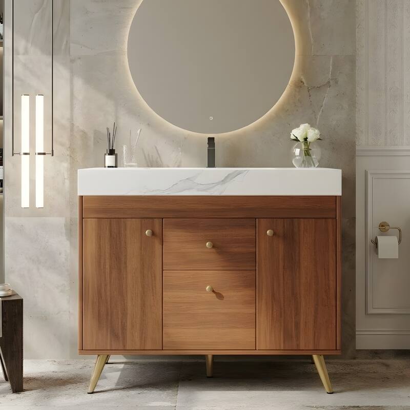 36" Modern Freestanding Bathroom Vanity with Sintered Stone Top, Ceramic Sink & Smart Storage - Gold/Walnut/White