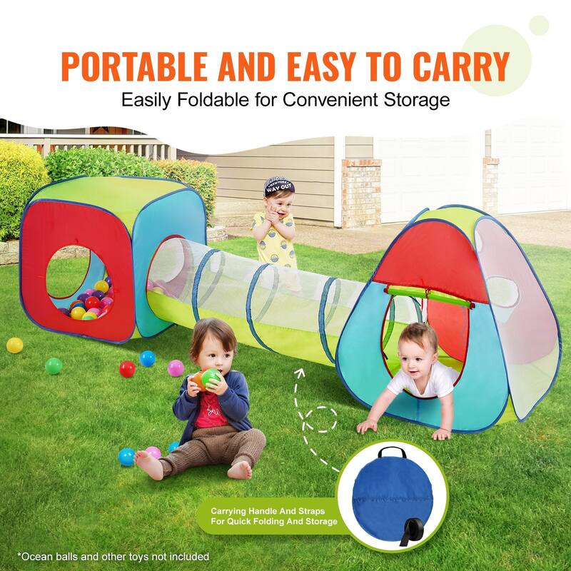 Multi Color Polyester Kids Play Tent Tunnel Set, 3 Piece Crawl and Climb Kit - 30.7” L x 30.7” W x 33.9'' H/