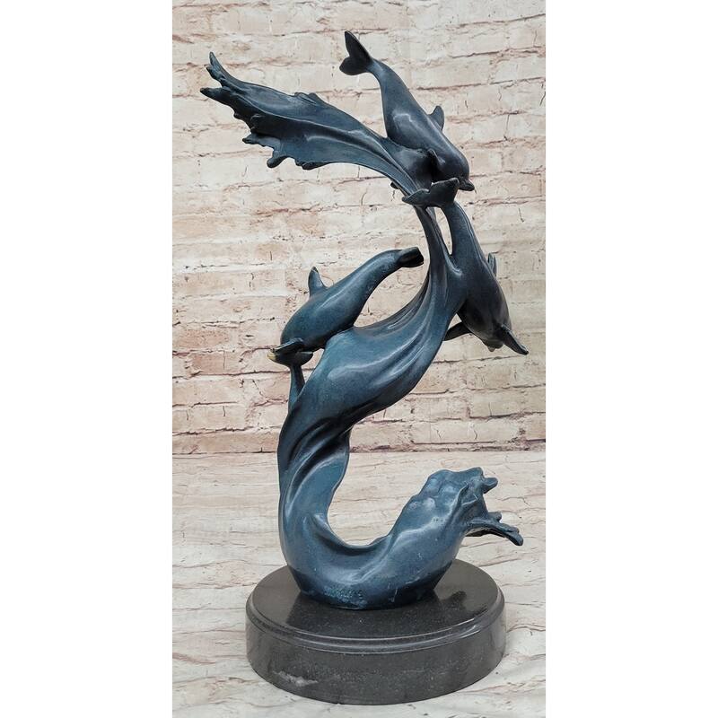 Four Swimming Dolphins Bronze Sculpture Statue Original Art Blue Green Patina
