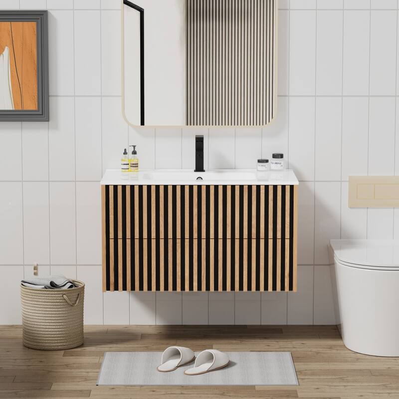 Wall Mounted Bathroom Vanity Set Mid-Century Storage Cabinet with Ceramic Sink - 36 in - Brown