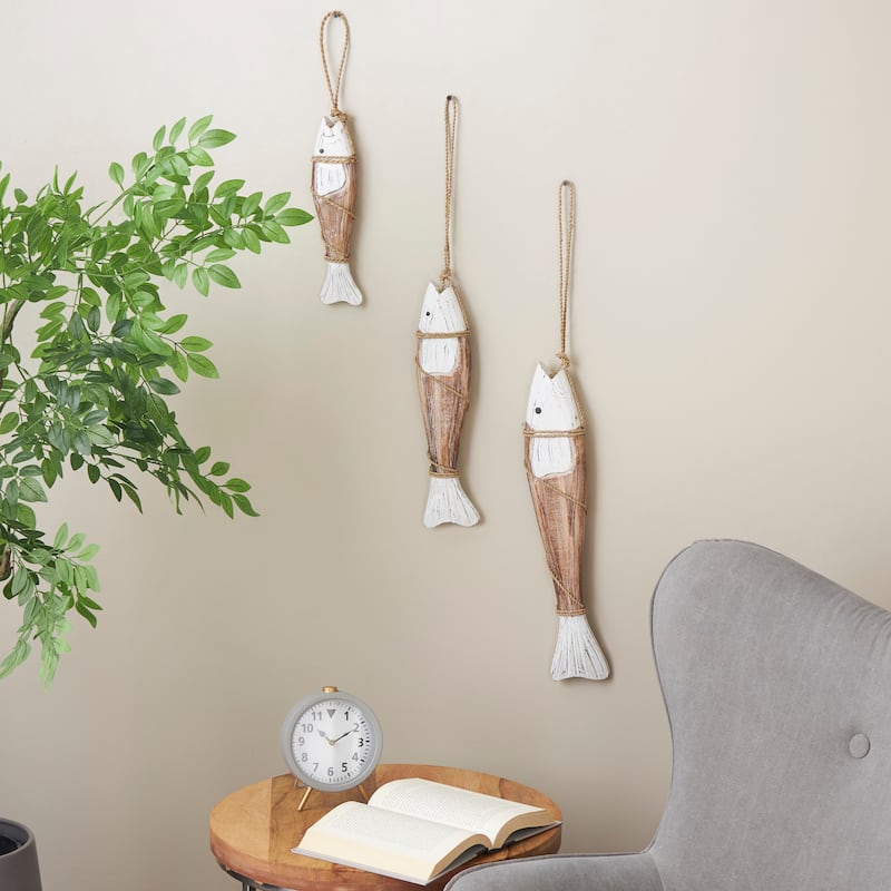 Brown Wood Handmade Fish Home Wall Decor (Set of 3) - Brown