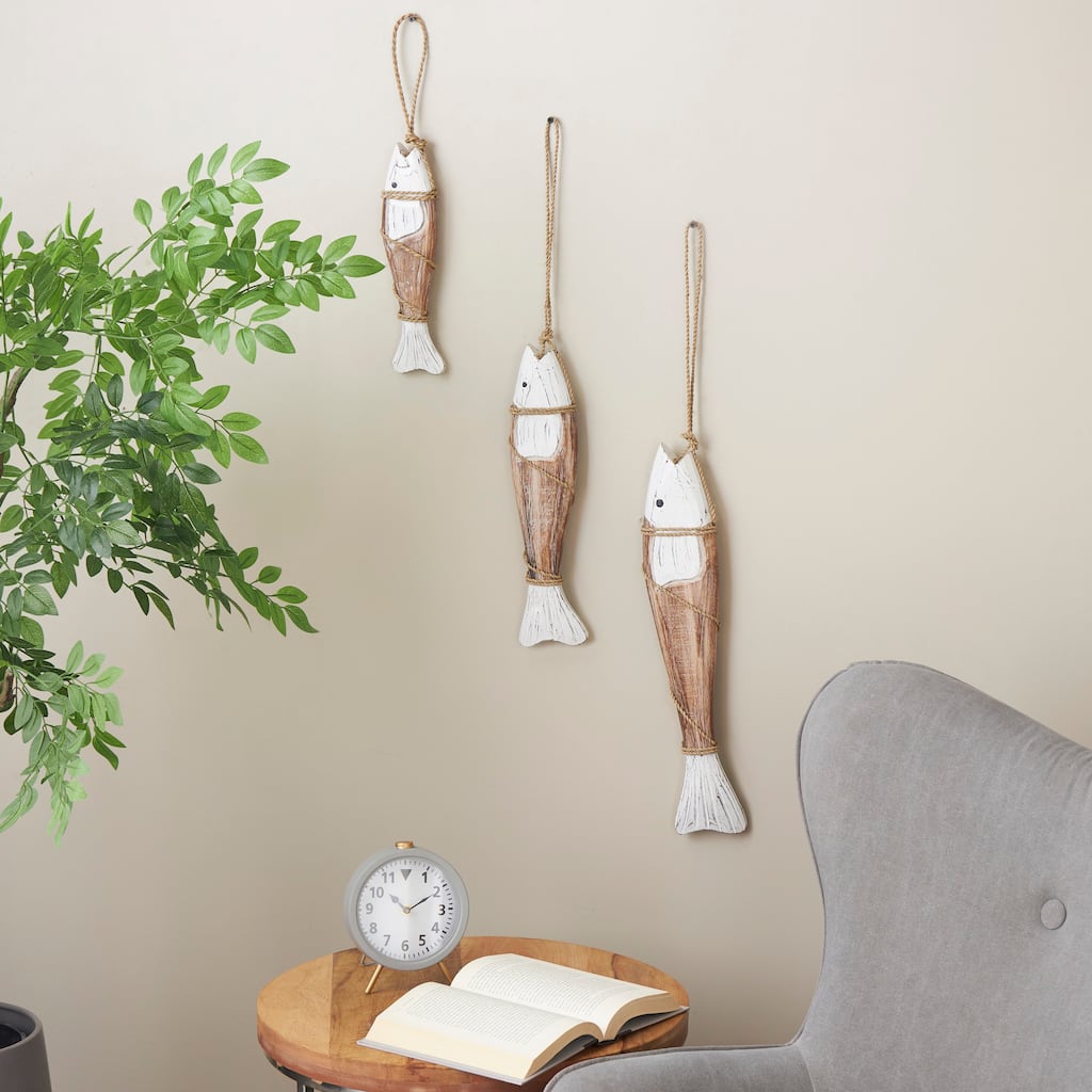 Brown Wood Handmade Fish Home Wall Decor (Set of 3)