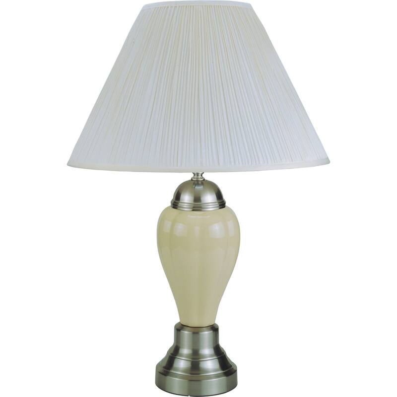 1pc Elegant Crafted Table Lamp Glossy Ivory Base Contrasting Metallic Details Pleated Shade Modern Look Porcelain Rotary Switch