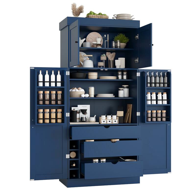 77" Tall Buffet Sideboard Storage Cabinet for Dining Room, Freestanding Kitchen Pantry Cabinetwith Drawers and Wine Racks