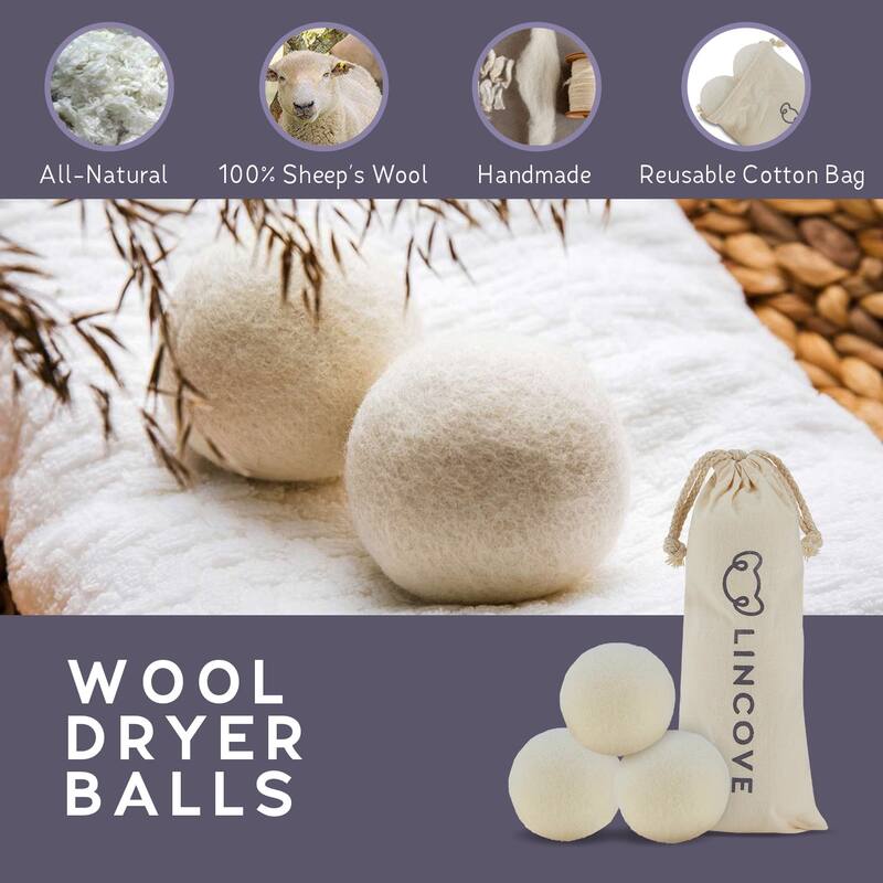 Lincove 100% Organic Wool Dryer Balls - Reusable & Durable, Efficient Drying - 6 Pack