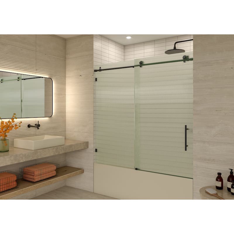 Galaxy 60 in. x 60 in. Fully Frameless Fluted Glass Sliding Bathtub Doors - Righthand - Matte Black