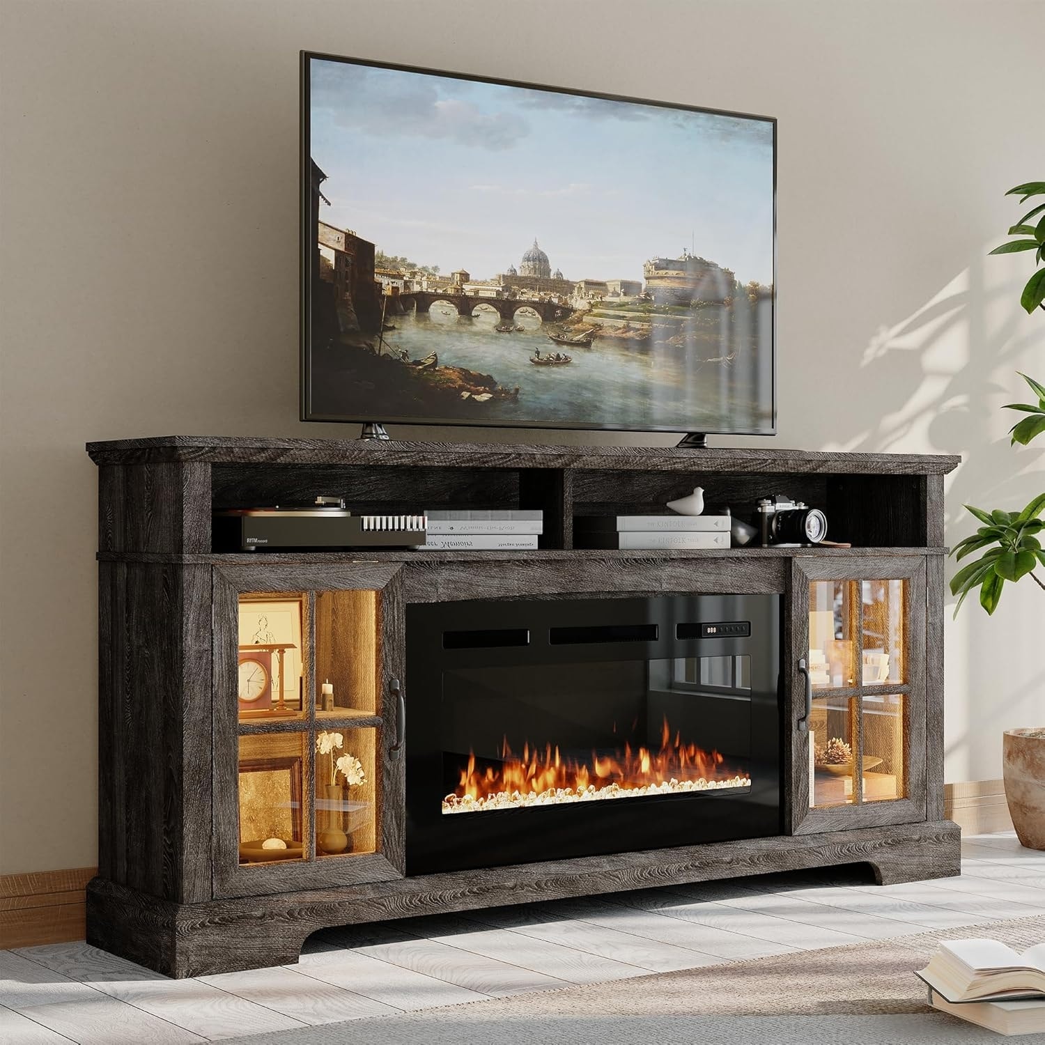 Modern 70" TV Stand with Fireplace, Storage Cabinets for Living Room, Fits Up to 80" TVs