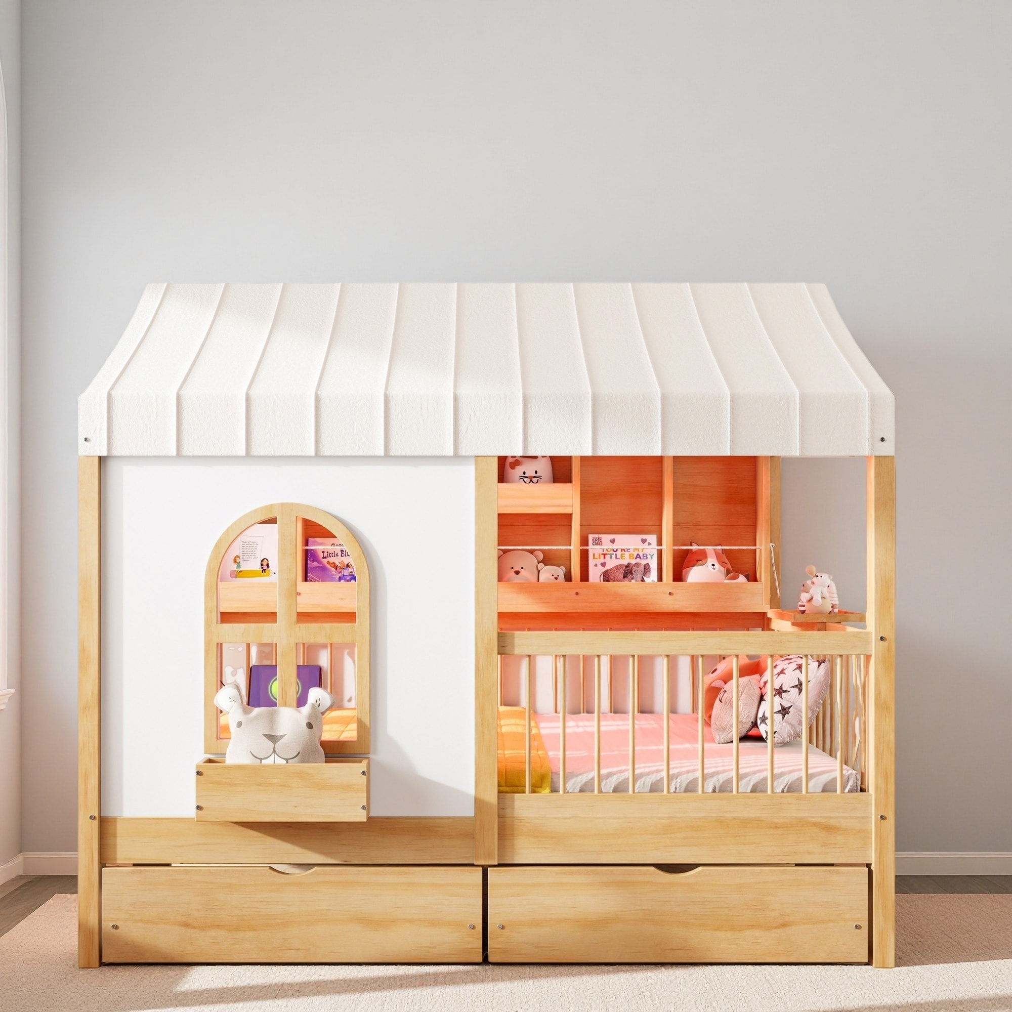 Full Pine & MDF House Bed, 2 Drawers, Side Bookshelf with LED Strip, Built-In Charging, Kids Room