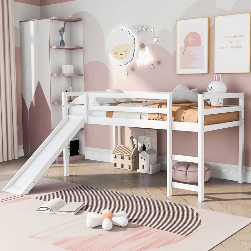 Twin Size Wooden Loft Bed with Slide and Ladder