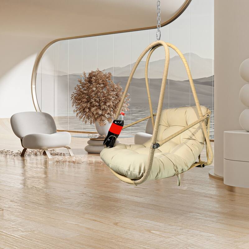 Indoor Outdoor Wicker Rattan Patio Basket Hanging Chair with C Type bracket - Beige and Brown