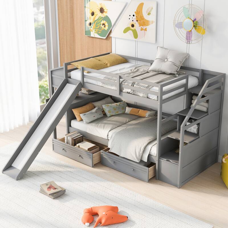 Twin Over Twin Bunk Bed With Storage Staircase, Slide And Drawers, Desk With Drawers And Shelves
