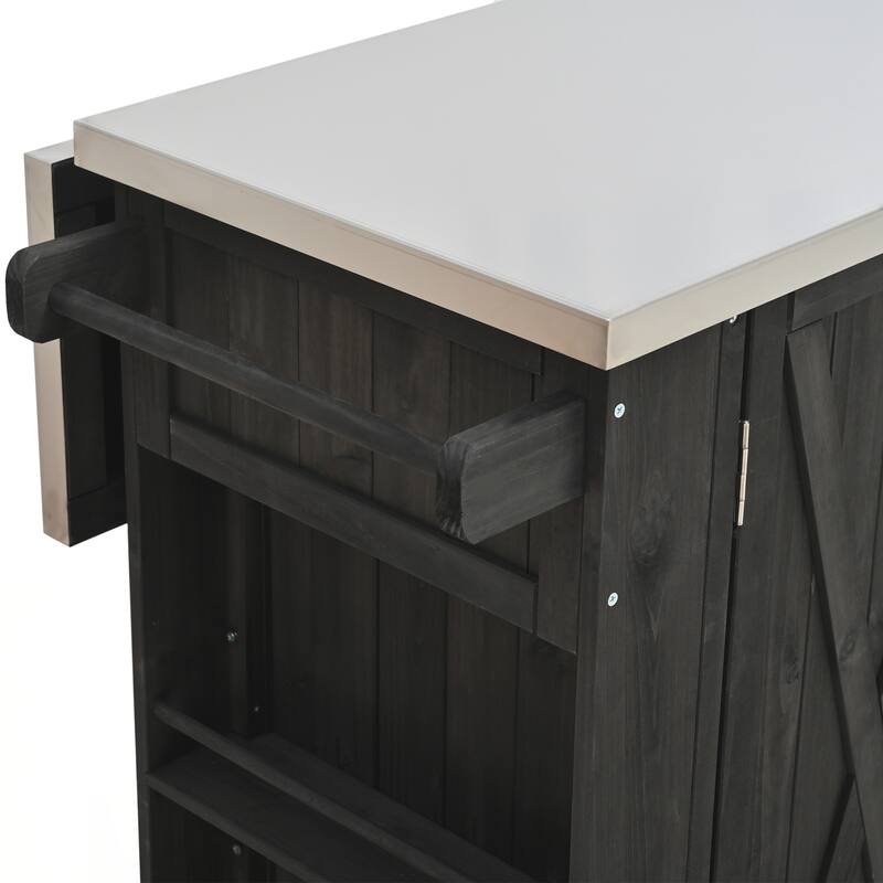 Outdoor Kitchen Island Fir Wood Kitchen Island with Stainless Steel Top, Ample Storage Space, Towel and Spice Racks