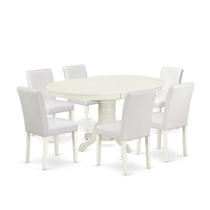 Dinette Set 7Pc Oval Table w/ Leaf & 6 Chairs - White PU Leather - Tuscan Style