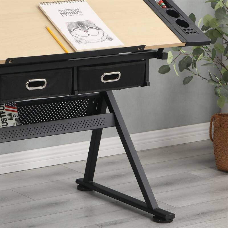 Wood Adjustable Drawing Drafting Desk with 2 Drawers and Stool