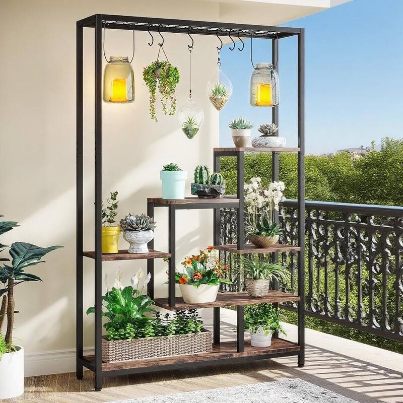 Black-Brown Metal and Particle Board 7-Shelf Ladder Plant Stand - 39.37” x 11.81” x 70.86”