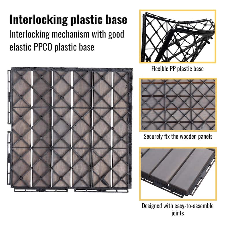 12"x12" Light Gray Acacia Hardwood Deck Tiles, Interlocking Outdoor Flooring for Patio, Pool