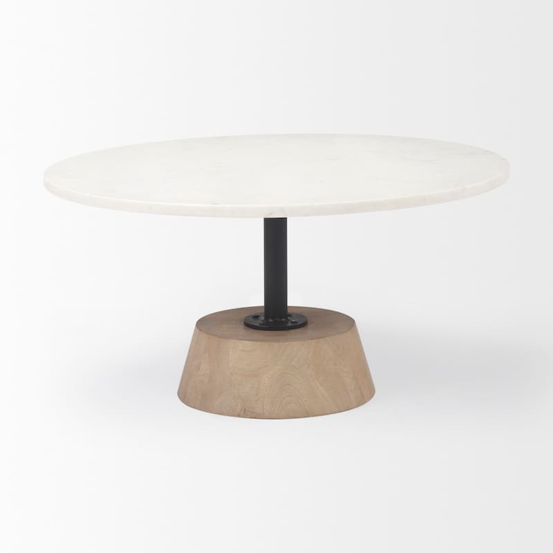 Maxwell White Marble Top With Light Brown Solid Wood Base Round Coffee Table