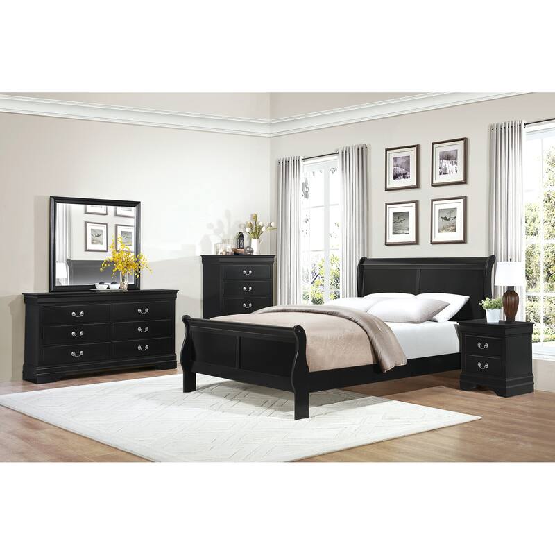 Traditional Full Size Wooden Bed with Louis Philippe Styling, Black Finish