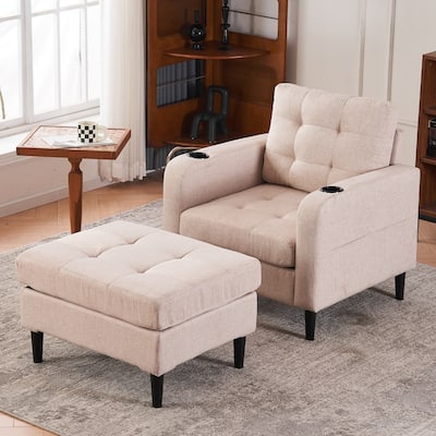 Living Room Upholstered Chair with Ottoman Set,Single Sofa with Cup Holders and Ottoman Storage