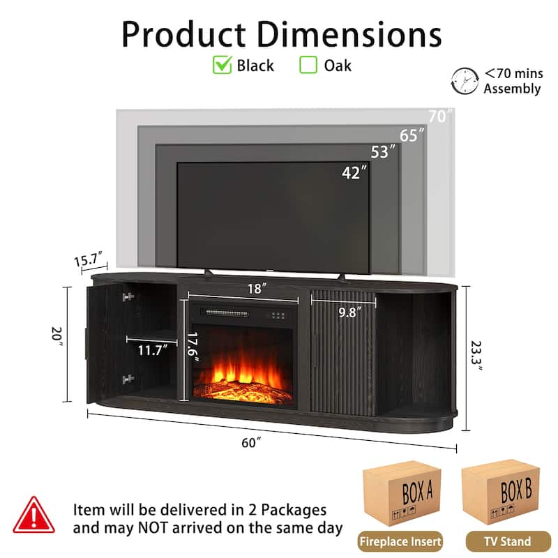 BOSSIN 60"Modern Electric Fireplace TV Stand with Fluted Panels, Adjustable Shelves, 5-Level Flame Brightness for TVs up to 70"