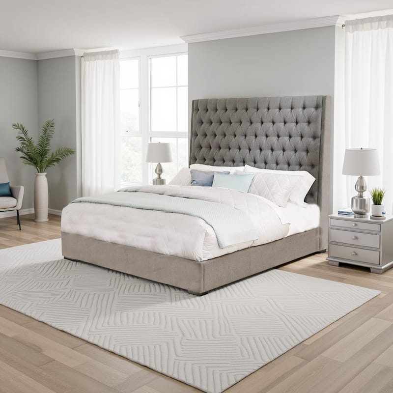 Fabric Upholstered Wooden Queen Size Bed with Button Tufted Details, Gray