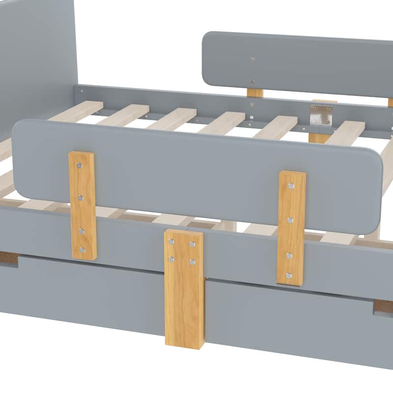 Full/Twin Platform Bed with Storage Drawers, Guardrail & Hooks