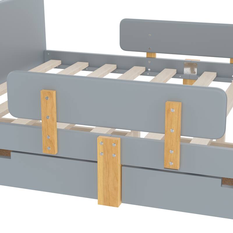 Roomfitters Platform Bed with Storage Drawers and Shelf, Solid Wood Frame with Hooks and Guardrails