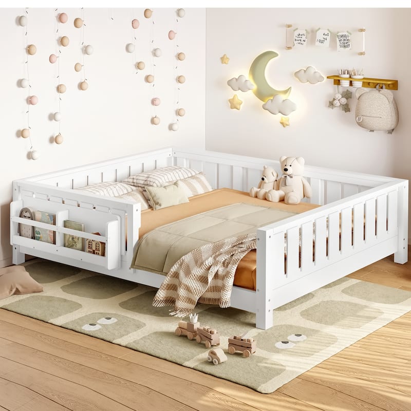 Low Profile Montessori Bed Floor Platform Bed with Fence and Bookshelf - White - Full