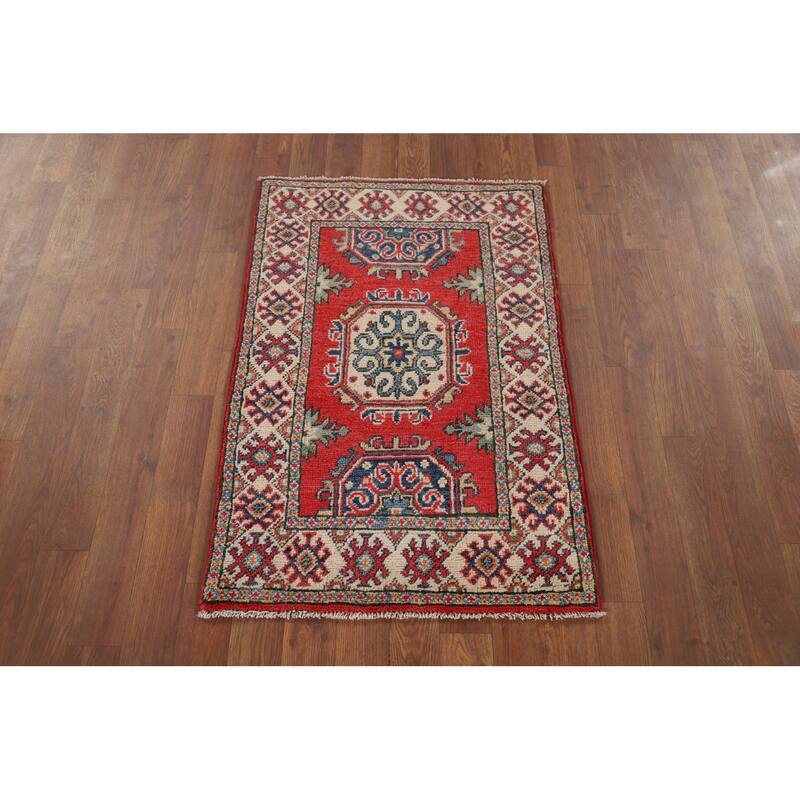 Hand Knotted Oriental 100% Wool Carpet Traditional Geometric Red Kazak Area Rug - 3' 1'' X 2' 1''
