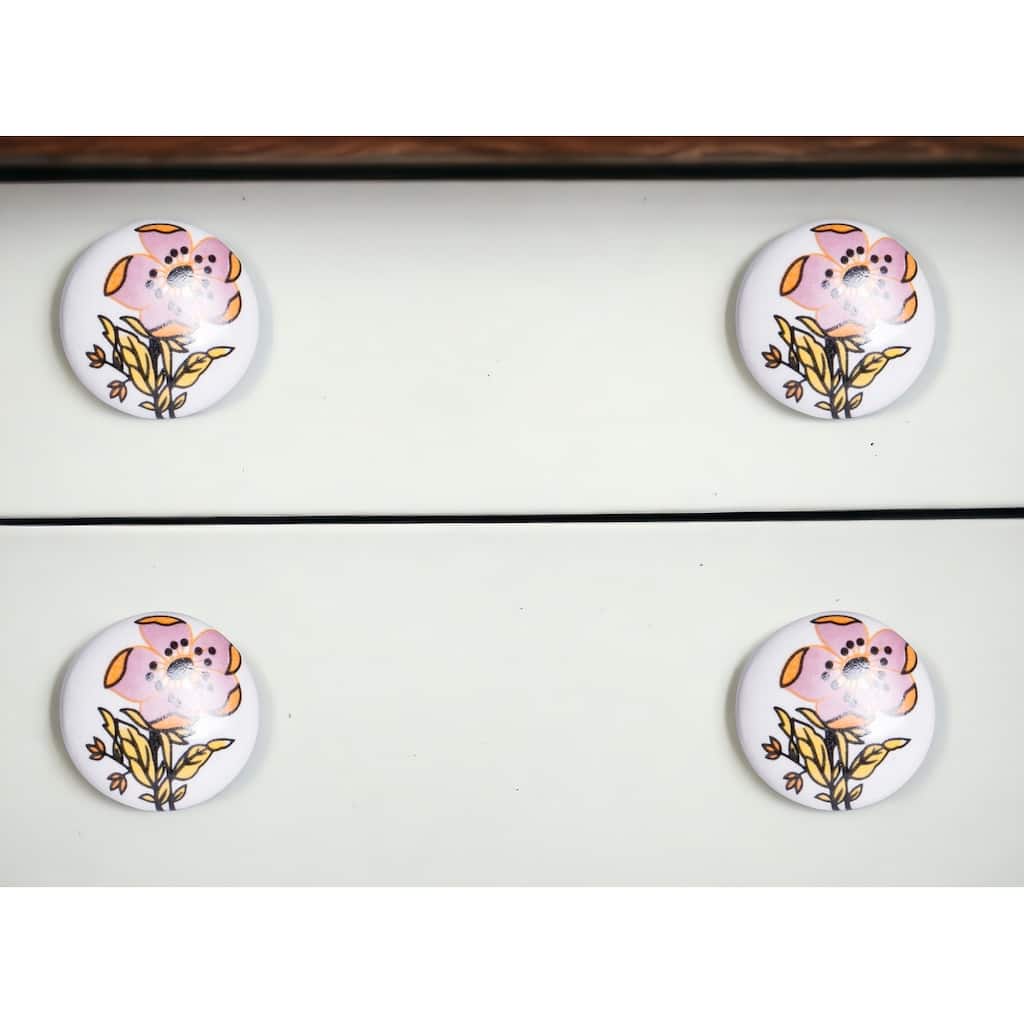 HomeRoots Set of Eight Yellow And White Ceramic And Metal Drawer Pull Knobs - 1.5' X '1.5' X '1.5